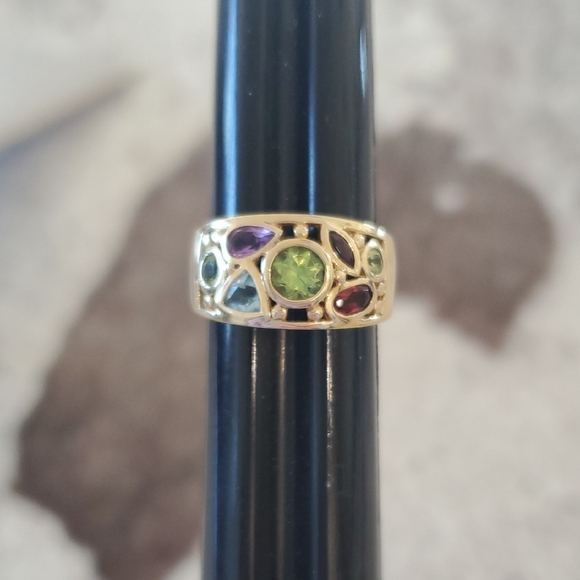 10K Yellow Gold Multi Gemstone Ring Wide Band Peridot Garnet Topaz Amethyst 4g+ - Picture 12 of 13